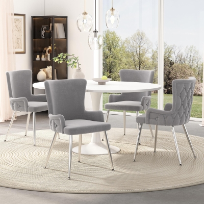 Modern Extendable Dining Set with Table and 6 Chairs, Space-Saving Dining Set for 4–6 Seaters, 55'' L x 39.5'' W x 29.5'' H, Grey+Silver+White