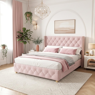 Full Size Velvet Upholstered Platform Bed with Diamond Button Tufting, Extra‑Wide Bedboard with Wooden Legs, 58.5'' L x 78'' W x 42.5'' H, Pink