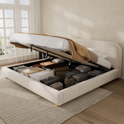 King Size Hydraulic Lift Storage Bed with Upholstered Curved Headboard, Hidden Under-Bed Storage for Bedroom, 86'' L x 80'' W x 35'' H, White