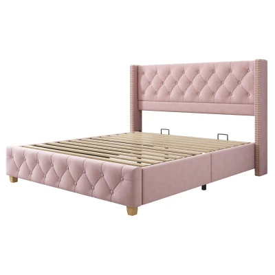 Full Size Velvet Upholstered Platform Bed with Diamond Button Tufting, Extra‑Wide Bedboard with Wooden Legs, 58.5'' L x 78'' W x 42.5'' H, Pink