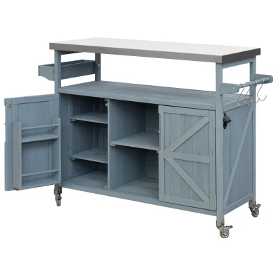 Outdoor Kitchen Island with Stainless Steel Top and Modular Shelves, Rolling Bar Cart with Spice Racks, 50'' L x 18.5'' W x 36'' H, Grey+Blue