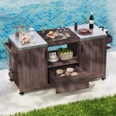 Outdoor Kitchen Island with Stainless Steel Top, Adjustable 5‑Level Shelves, Fir Wood Grill Cart with Drawer, 66.5'' L x 23'' W x 34.5'' H, Dark Brown