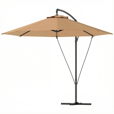 Outsunny 9.5' Cantilever Umbrella with Wind Protection Strap and Cover, Hanging Umbrella with Crank and Cross Base, Khaki
