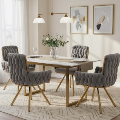 Set of 4 Velvet Dining Chairs with Upholstered Ergonomic Seat, Modern Swivel Chairs for Dining & Living Rooms, 25'' L x 25'' W x 34'' H, Gold+Gray