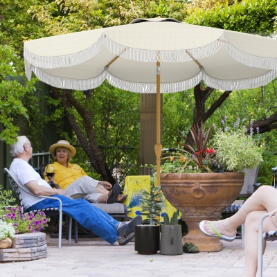 Outsunny 9FT Patio Umbrella Parasol, UPF 30+ Outdoor Market Umbrella with Crank, 8 Ribs, Push Button Tilt, Cream White