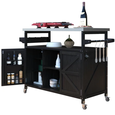 Outdoor Kitchen Island with Internal Racks and Removable Towel Holder, Rolling Bar Cart with Adjustable Shelves, 50'' L x 18.5'' W x 36'' H, Black