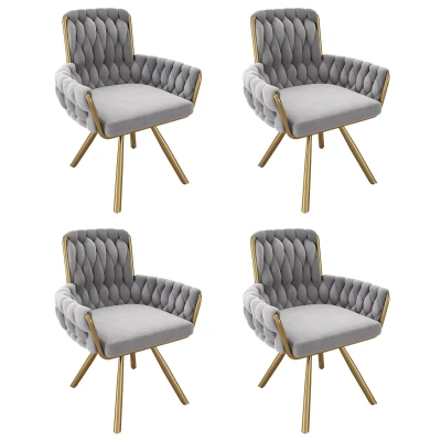 Set of 4 Velvet Dining Chairs with Upholstered Ergonomic Seat, Modern Swivel Chairs for Dining & Living Rooms, 25'' L x 25'' W x 34'' H, Gold+Gray