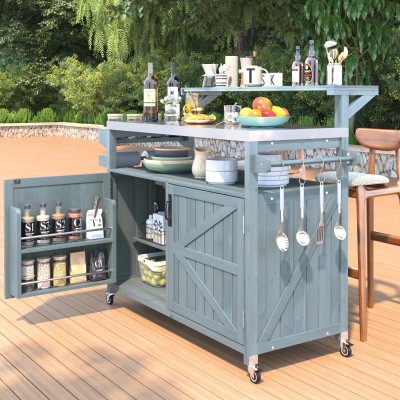 Outdoor Kitchen Island with Raised Shelf & 360° Lockable Wheels, Solid Storage Cabinet with Internal Rack, 53.5'' L x 27'' W x 43'' H, Grey+Blue