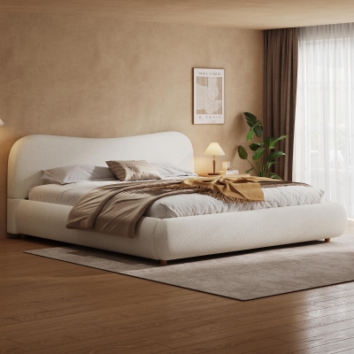 King Size Platform Bed with Smooth Curved Headboard, Plywood Frame, Upholstered Bed with Reinforced Slats, 86'' L x 80'' W x 34'' H, White