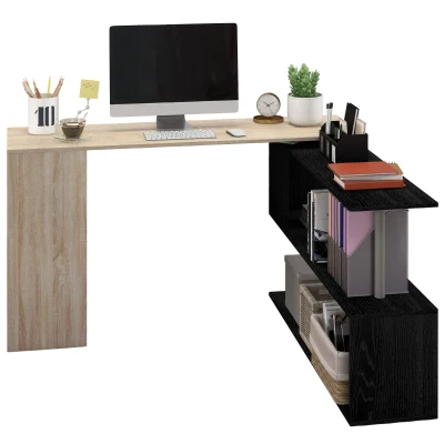 HOMCOM 55" Corner Computer Desk, 360° Rotating L-Shaped Desk, Home Office Workstation with 3-Tier Shelves, Bookshelf