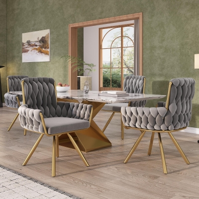Set of 4 Velvet Dining Chairs with Upholstered Ergonomic Seat, Modern Swivel Chairs for Dining & Living Rooms, 25'' L x 25'' W x 34'' H, Gold+Gray