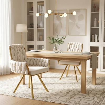 Set of 2 Velvet Dining Chairs with 4 Electroplated Metal Legs, Modern Swivel Chairs with Ergonomic Upholstery, 25'' L x 25'' W x 34'' H, Beige+Gold