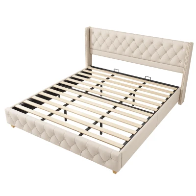 King Size Linen Upholstered Bed with Diamond Tufted Buttons, Solid Bedboard with Sturdy Wood Legs, 80.5'' L x 82.5'' W x 42.5'' H, Beige