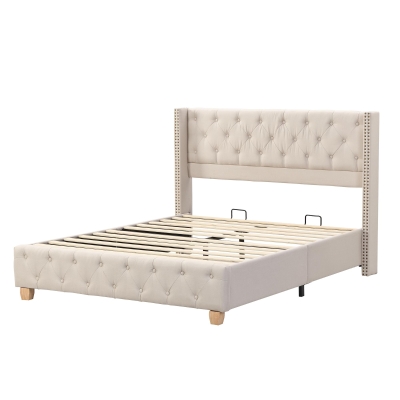 Full Size Upholstered Platform Bed with Diamond Tufted Headboard, Extra‑Wide Bedboard with Wooden Legs, 58.5'' L x 78'' W x 42.5'' H, Beige