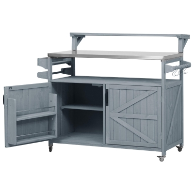 Outdoor Kitchen Island with Raised Shelf & 360° Lockable Wheels, Solid Storage Cabinet with Internal Rack, 53.5'' L x 27'' W x 43'' H, Grey+Blue