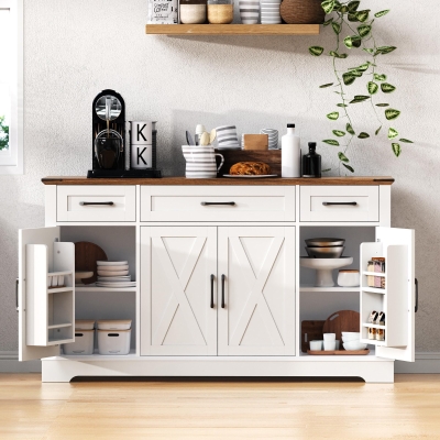 Large Buffet Sideboard with 3 Drawers and 4 Internal Door Shelves, Modern Coffee Bar for Kitchen, Living Room, 55'' L x 15.5'' W x 32'' H, White