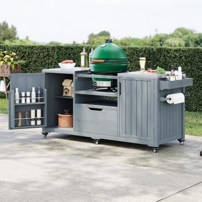 Outdoor Kitchen Island with Stainless Steel Top, Adjustable 5‑Level Shelves, Fir Wood Grill Cart with Drawer, 66.5'' L x 23'' W x 34.5'' H, Grey+Blue