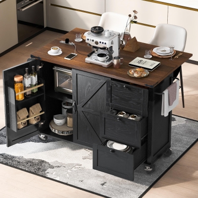 Farmhouse Kitchen Island with Built-in Charging Station, 3 Drawers, Rolling Cart for Kitchen and Dining Room, 54.5'' L x 28.5'' W x 36.5'' H, Black