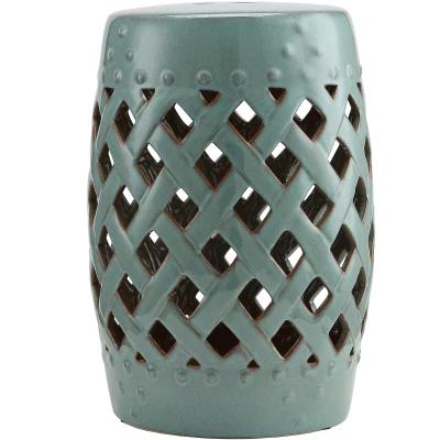 Outsunny 18" Ceramic Garden Stool with Woven Lattice Design, Indoor & Outdoor Decorative Accent Stool, Blue