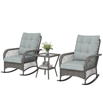 Outsunny Rocking Bistro Set, 3 Piece Wicker Patio Furniture with High Back Rocking Chairs and 2-Tier Glass Table, Light Grey