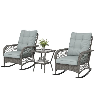Outsunny Rocking Bistro Set, 3 Piece Wicker Patio Furniture with High Back Rocking Chairs and 2-Tier Glass Table, Light Grey