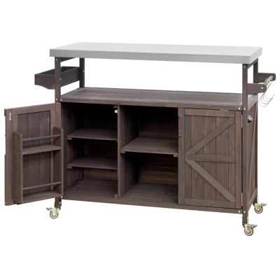 Outdoor Kitchen Island with Stainless Steel Top and Spice Rack, Rolling Bar Cart with Adjustable Shelves, 50'' L x 18.5'' W x 36'' H, Dark Brown