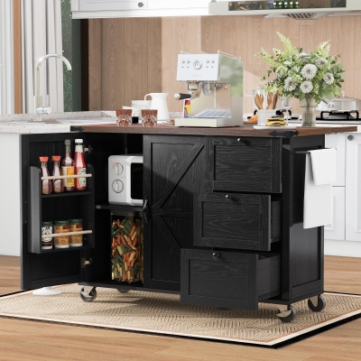 Large Kitchen Island with Built-in Power Outlet and 2 USB Ports, Rolling Kitchen Cart with Large Drop Leaf, 54.5'' L x 28.5'' W x 36.5'' H, Black