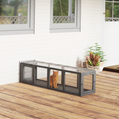 PawHut Outdoor Cat Tunnel, Wooden Play Cat Enclosure, Extendable Pet Run with 3 Doors, for Indoor and Outdoor Use, Grey