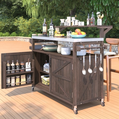 Outdoor Kitchen Island with Raised Shelf, Stainless Steel Top, Solid Storage Cabinet with Internal Rack, 53.5'' L x 27'' W x 43'' H, Dark Brown