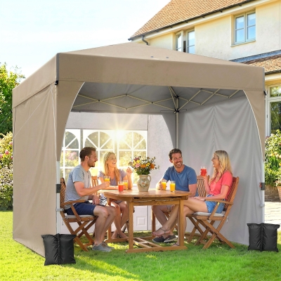 Outsunny 9.6 x 9.6 ft Pop Up Canopy Tent with 3 Sidewalls, UPF 50+ 1-Button Push Easy Setup Outdoor Instant Canopy, Khaki