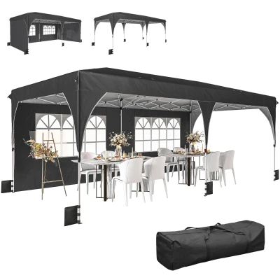 Outsunny 10 x 20 ft Pop Up Canopy Tent with Reflective Strips, UPF 50+ Easy up Instant Canopy with 6 Sandbags, Black