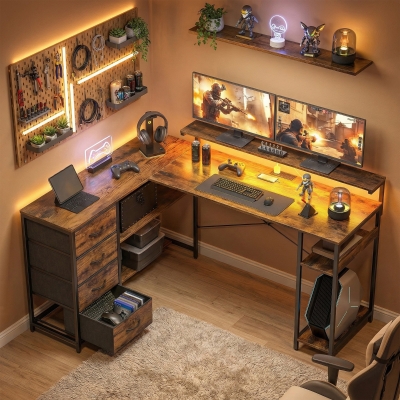 HOMCOM Gaming Desk with Power Outlets LED Lights Computer Desk with Drawers Monitor Stand 61" Rustic Brown