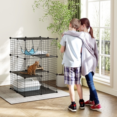 PawHut 3 Tier Cat Cage Crate, DIY Pet Playpen with 3 Doors, Ladders, Hammock, Platforms, Indoor Playpen for Kittens, Black