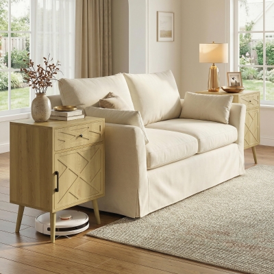 HOMCOM Nightstand Set of 2, Bedside Table Set with Drawer and Cabinet, Side End Table with Storage for Living Room, Oak