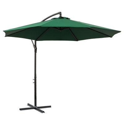 Outsunny 9.7ft Offset Patio UmbrellaCantilever Parasol with Crank Handle, 8 Ribs and Cross Base for Outdoor, Sun Shade, Green