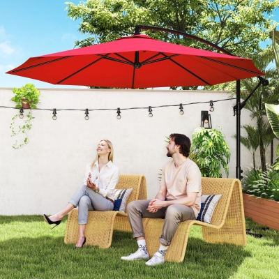 Outsunny 9.7ft Offset Patio UmbrellaCantilever Parasol with Crank Handle, 8 Ribs and Cross Base for Outdoor, Sun Shade, Wine Red