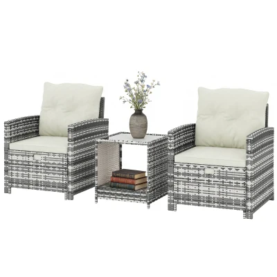 Outsunny 5 Piece Patio Furniture Set, Wicker Patio Chairs with Ottomans, 2-Tier Glass Coffee Table and Cushions, Grey/Cream White