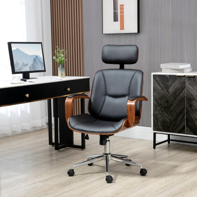 HOMCOM Office Chair, PU Leather Desk Chair with Removable Headrest, Adjustable Height, Tilt Function and with Wheels, Black