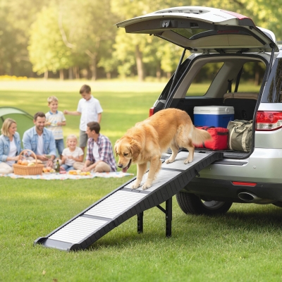 PawHut Foldable Dog Car Ramp with Support Leg, Non-Slip TPR Surface, 69" x 15.7", for Small to Large Dogs Up to 220LBS