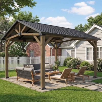 Outsunny 13' x 11' Hardtop Gazebo Canopy with Galvanised Metal Roof, Fir Wood Frame and Central Hook for Patio, Black Grey