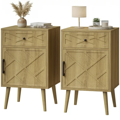 HOMCOM Nightstand Set of 2, Bedside Table Set with Drawer and Cabinet, Side End Table with Storage for Living Room, Oak