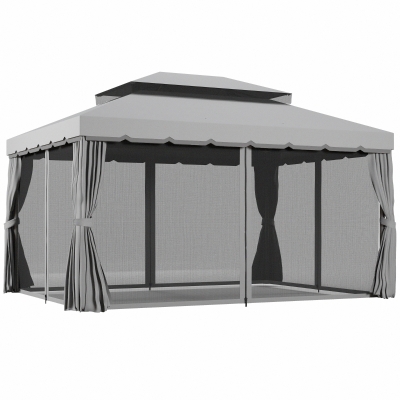 Outsunny 13' x 10' Patio Gazebo Canopy with 2-Tier Polyester Roof, Vented Mesh Sidewall & Strong Aluminum Frame, Light Grey