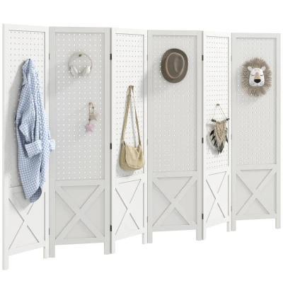 HOMCOM 56.9" 6 Panel Wooden Room Divider with Pegboard Display, Folding Privacy Screen for Home Office, White