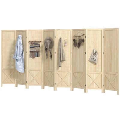 HOMCOM Wooden Room Divider with Pegboard Display, 8 Panel Folding Privacy Screen for Home Office, Natural Wood