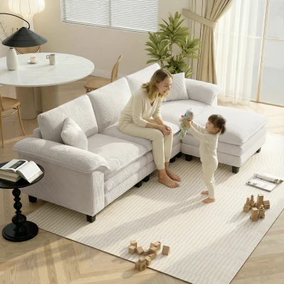 HOMCOM L-Shaped Sectional Sofa with Ottoman, Pillow-Top Armrests, Beige