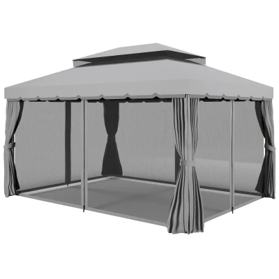 Outsunny 13' x 10' Patio Gazebo Canopy with 2-Tier Polyester Roof, Vented Mesh Sidewall & Strong Aluminum Frame, Light Grey