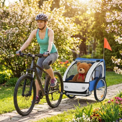 Aosom 2-Seat Child Bike Trailer, Blue with Safety Harnesses