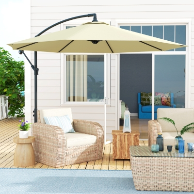 Outsunny 10' Deluxe Patio Umbrella, Outdoor Market Parasol, Banana Hanging Offset Sunshade with Crank, Cross Base, Beige