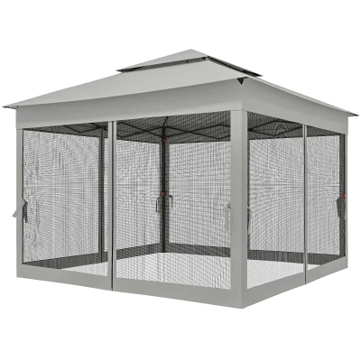 Outsunny 11' x 11' Pop Up Canopy 2-Tier Soft Top Shelter Event Tent w/ Netting Carry Bag for Patio Backyard Garden, Light Grey