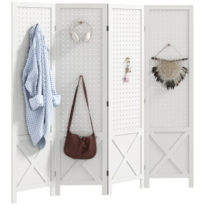 HOMCOM 56.9" 4 Panel Wooden Room Divider with Pegboard Display, Folding Privacy Screen for Home Office, White